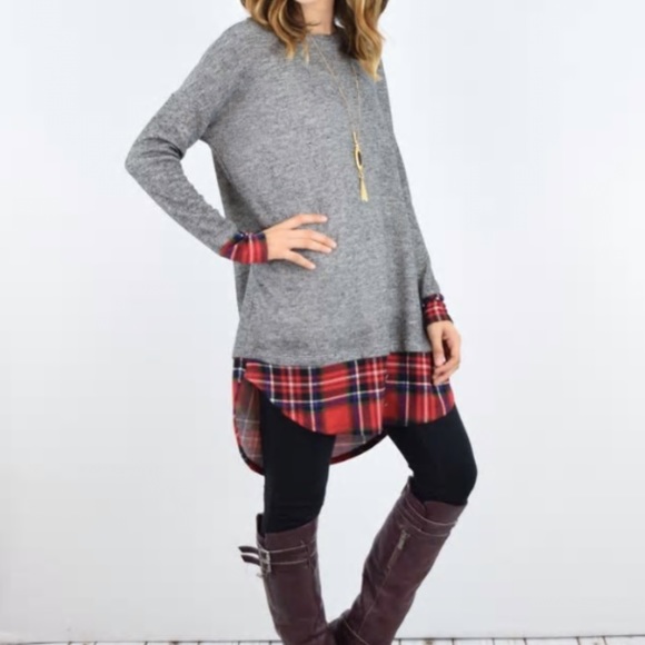 Eloges Tops - Plaid Trimmed Cotton Terry Tunic - L